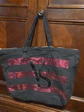 Victoria's Secret Black Tote with Pink Sequin Stripes and VS Logo